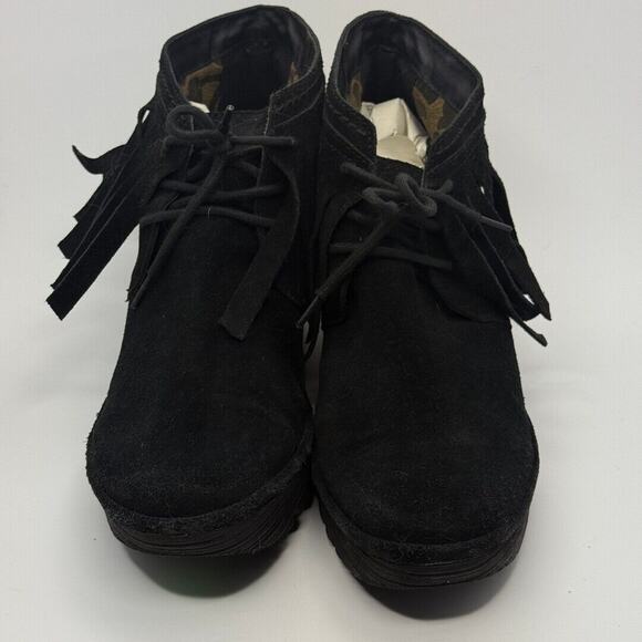 FLY LONDON Size 42 Yank Booties Wedge Heel Ankle Boots Black Suede FRINGE - Picture 2 of 6